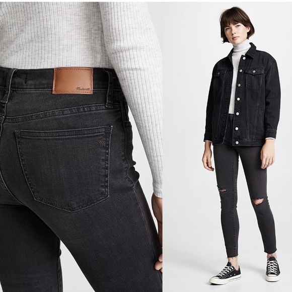 Madewell 9” High Riser Skinny Skinny Black Distressed Jeans Raw Hem Size 25 - Picture 2 of 10